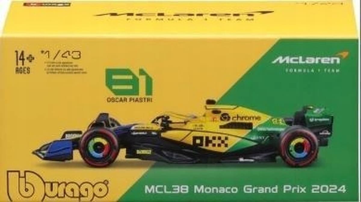 Bburago Model 1:43 Bolid F1 McLaren MCL38 Oscar Piastri GP Monaco 2024 Senna