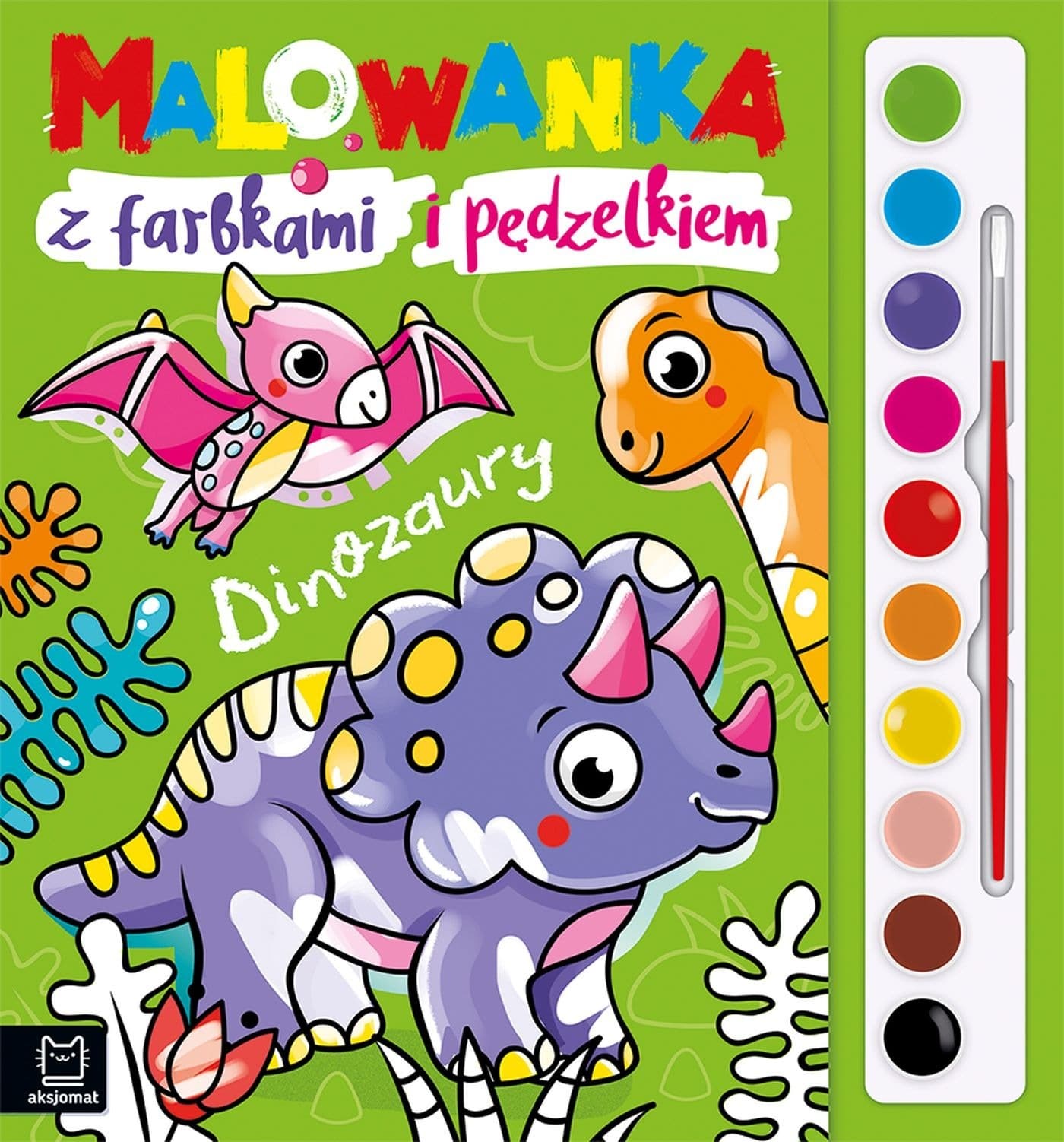 Dinozaury. Malowanka z farbkami i pędzelkiem dla dzieci