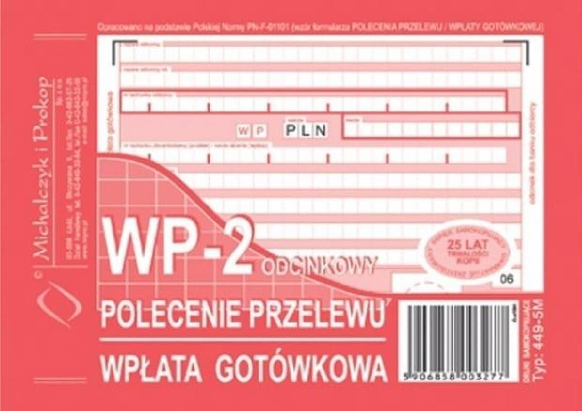 Dokument Bloczek polecenia przelewu wpłaty gotówkowej Michalczyk i Prokop A6 80 kartek