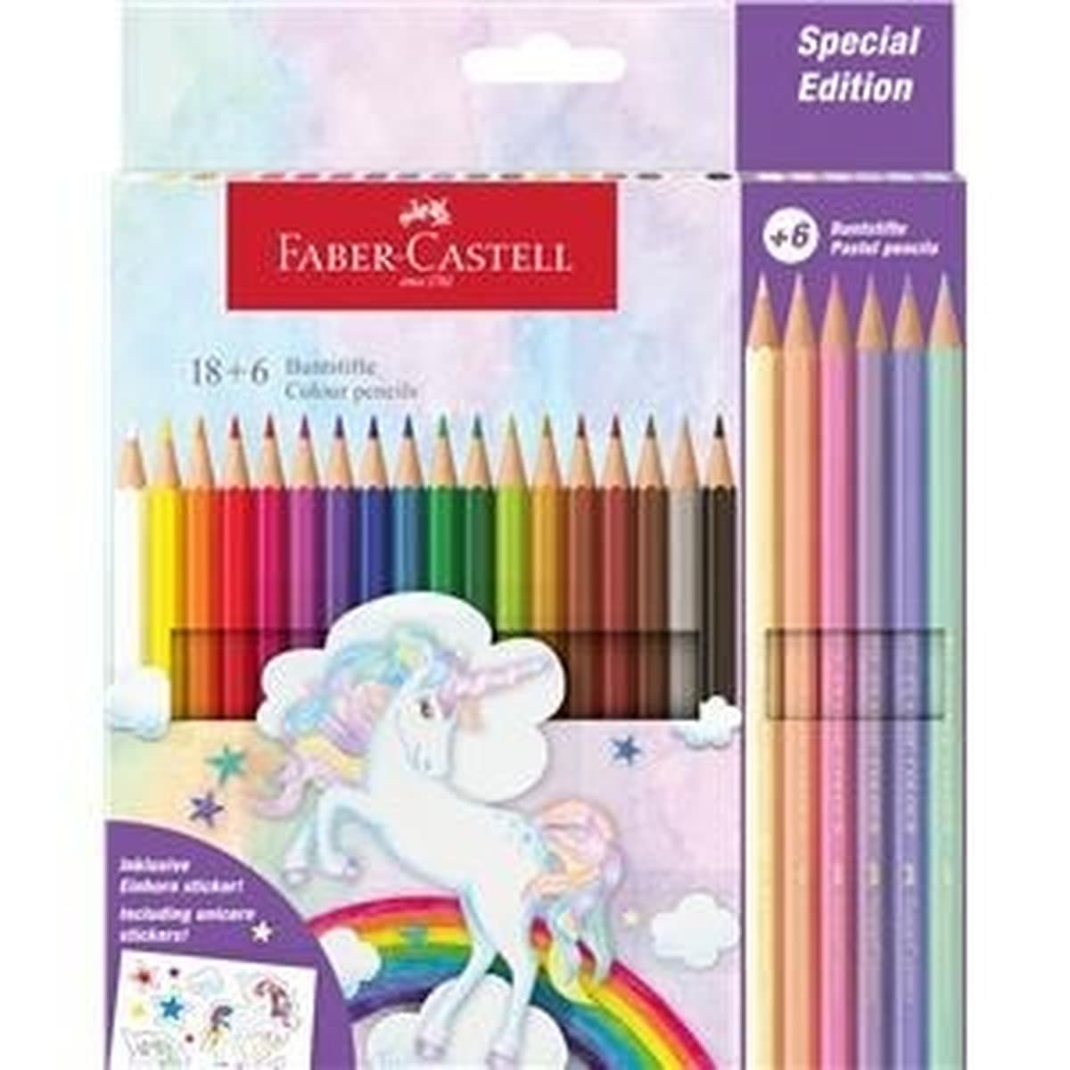 Faber-Castell Kredki sześciokątne Jednorożec 18 + 6 kolorów z naklejkami