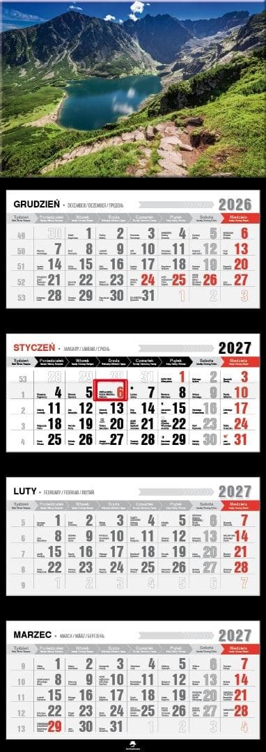 Kalendarz 2027 ścienny premium czterodzielny Czarny Staw 890x315 mm