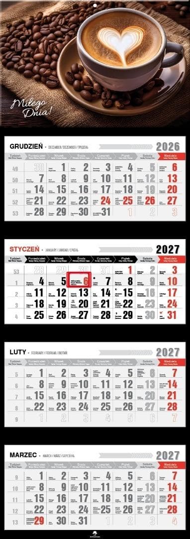 Kalendarz ścienny 2027 czterodzielny premium z wypukłą główką lakierowaną