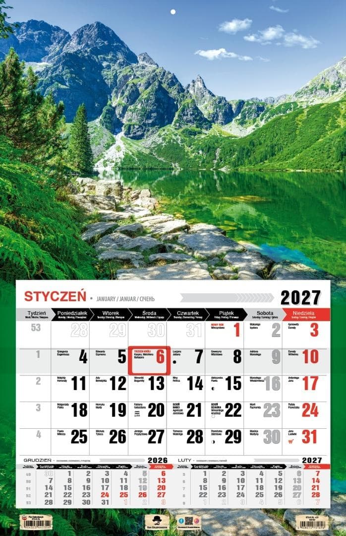 Kalendarz ścienny 2027 jednodzielny 3XL Tatry format 680x440 mm