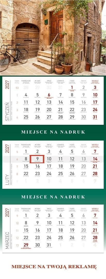 Kalendarz ścienny 2027 trójdzielny Toskania Wokół Nas format 776 x 295 mm