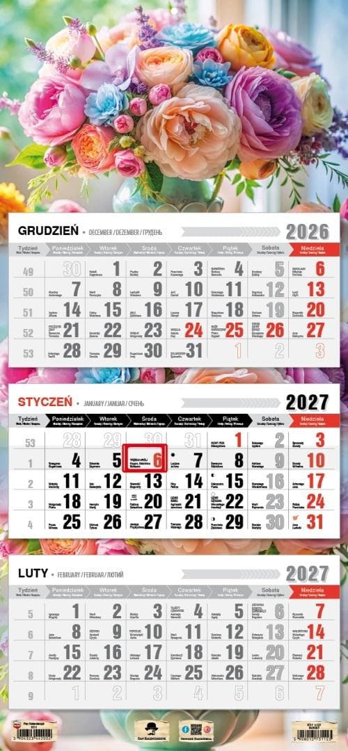 Kalendarz ścienny 2027 trójdzielny bukiet 680x315 mm