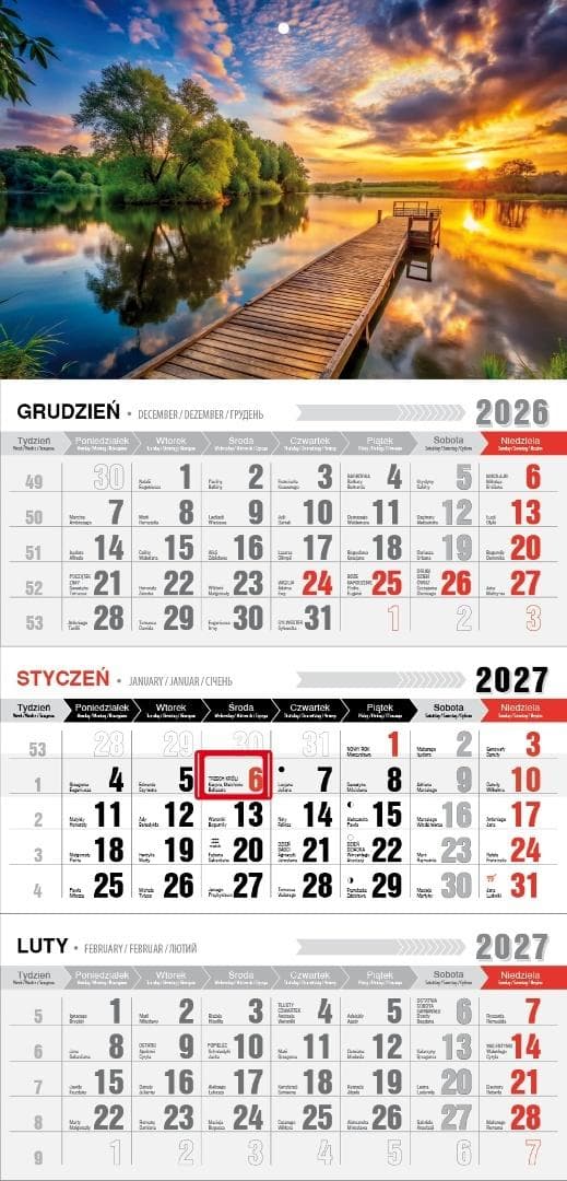 Kalendarz ścienny 2027 trójdzielny ekonomiczny Mazury 623x300 mm