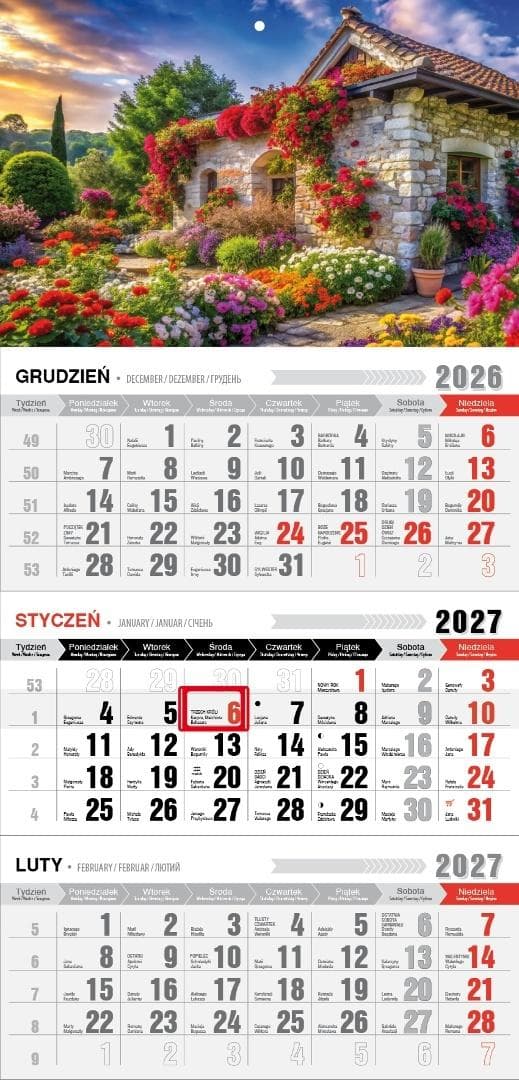 Kalendarz ścienny 2027 trójdzielny ekonomiczny 623x300 mm