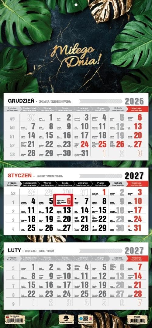 Kalendarz 2027 ścienny trójdzielny glamour 680 x 315 mm