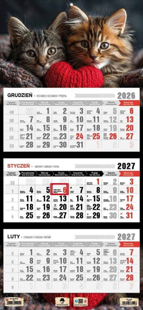Kalendarz 2027 ścienny trójdzielny z kotkami 680x315 mm
