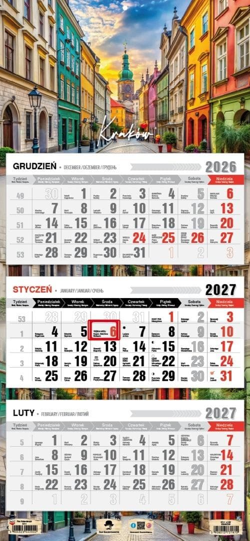 Kalendarz 2027 ścienny trójdzielny z widokami Krakowa 680x315 mm