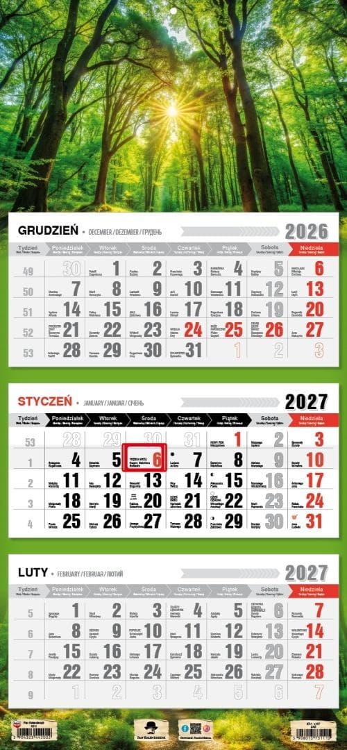 Kalendarz ścienny 2027 trójdzielny z motywem lasu 680x315 mm