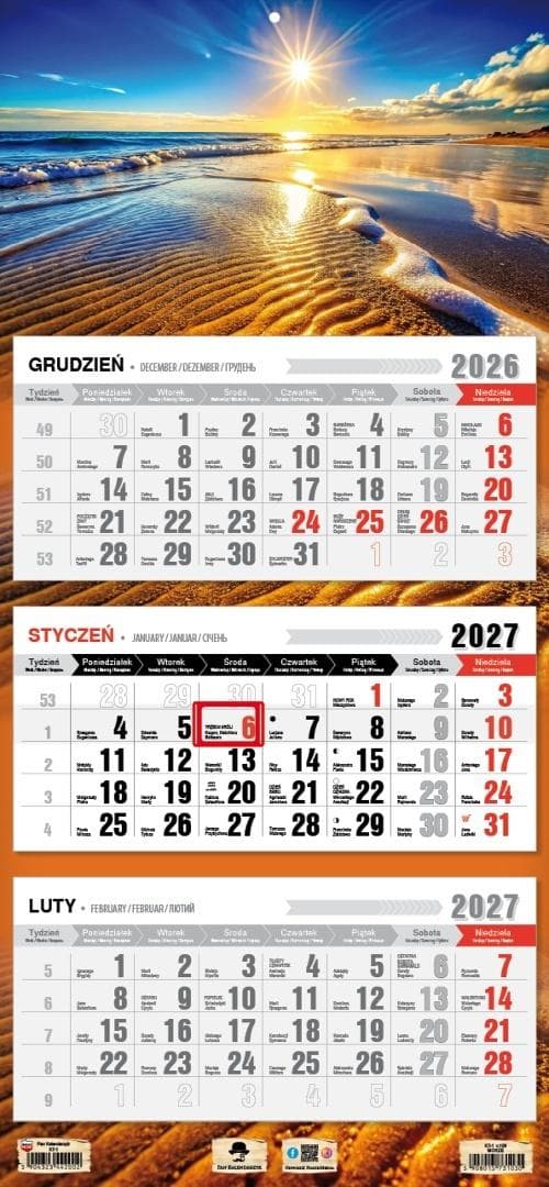 Kalendarz ścienny 2027 trójdzielny Morze 680 x 315 mm Pan Kalendarzyk