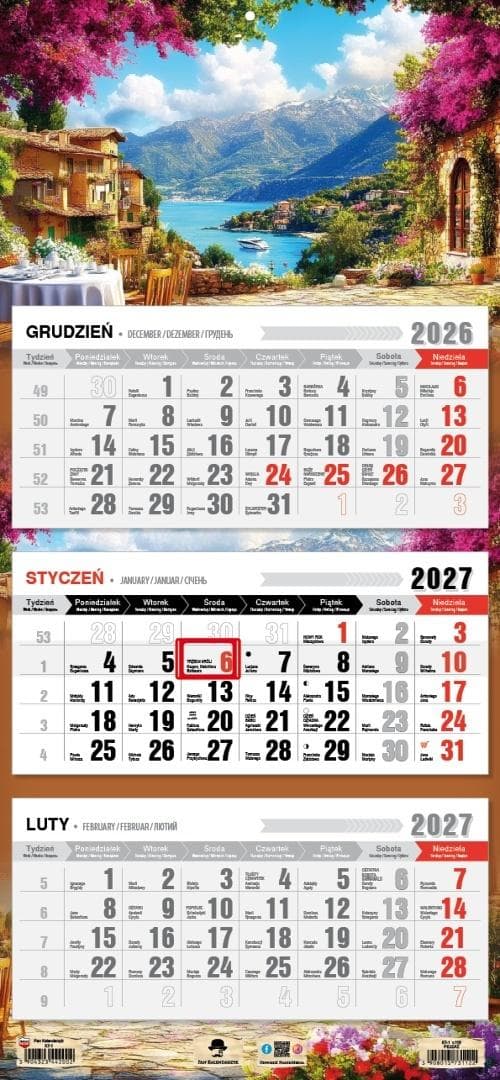 Kalendarz 2027 trójdzielny ścienny Pejzaż 680x315 mm Pan Kalendarzyk