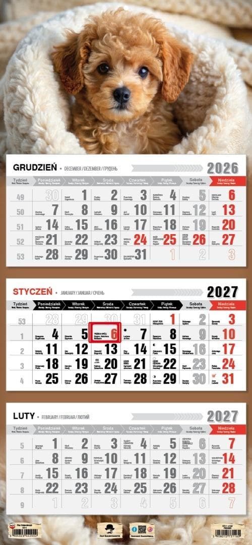 Kalendarz ścienny 2027 trójdzielny z pieskiem 680x315 mm