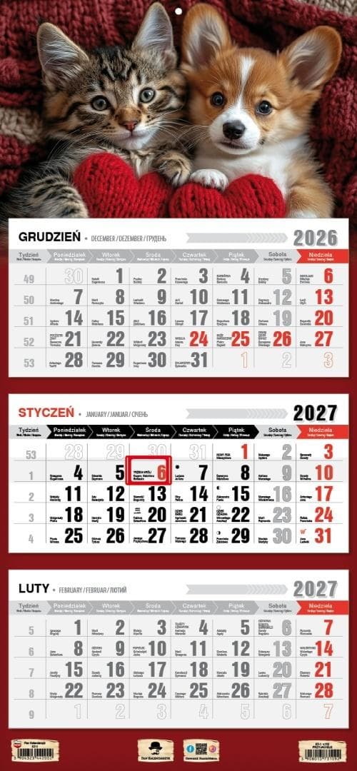 Kalendarz ścienny 2027 trójdzielny z motywem przyjaciół 680x315 mm