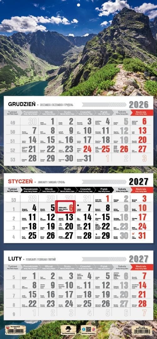 Kalendarz ścienny trójdzielny 2027 Tatry Kościelec 680x315 mm