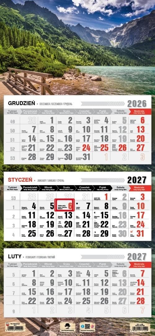 Kalendarz ścienny 2027 trójdzielny Tatry płotek format 680x315 mm