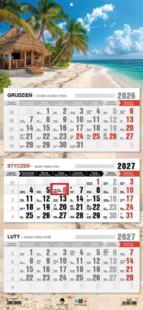Kalendarz 2027 trójdzielny tropik ścienny Pan Kalendarzyk 680x315 mm