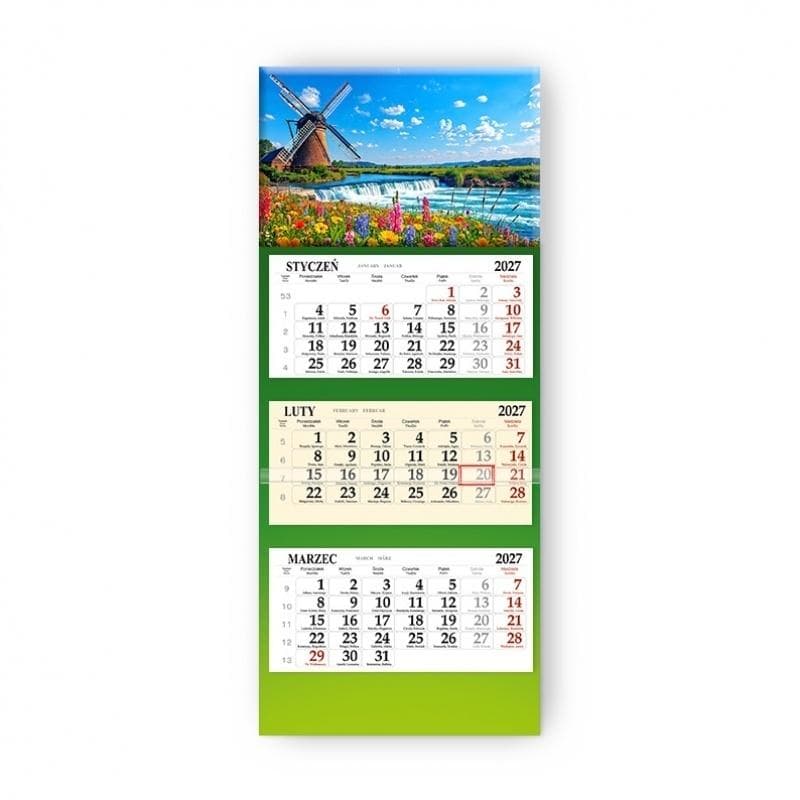 Kalendarz trójdzielny na ścianę 2027 Wiatrak 201x318 mm