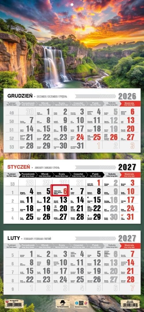 Kalendarz ścienny trójdzielny Wodospad 2027 680x315 mm Pan Kalendarzyk