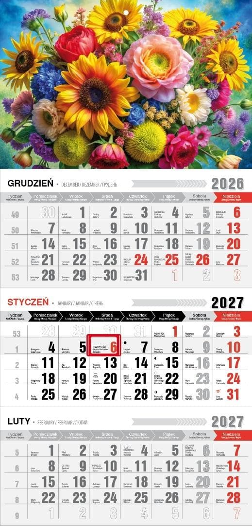 Kalendarz ścienny 2027 trójdzielny z magnesem motyw bukietu 623x300 mm