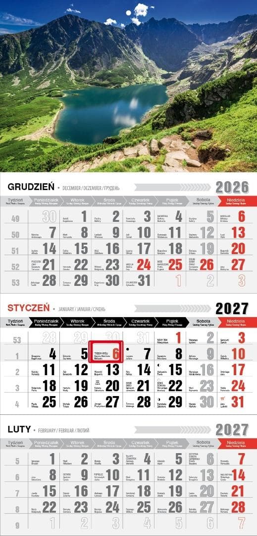 Kalendarz ścienny 2027 trójdzielny z magnesem Tatry 623x300 mm