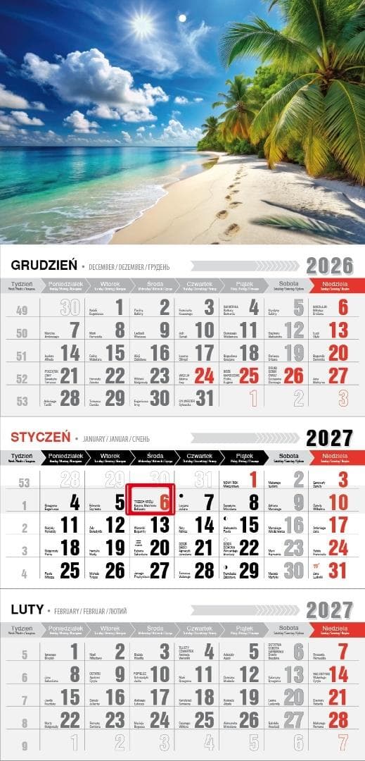 Kalendarz 2027 trójdzielny ścienny z magnesem tropik 623x300 mm