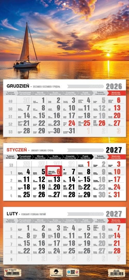 Kalendarz ścienny 2027 trójdzielny żaglówka 680x315 mm Pan Kalendarzyk