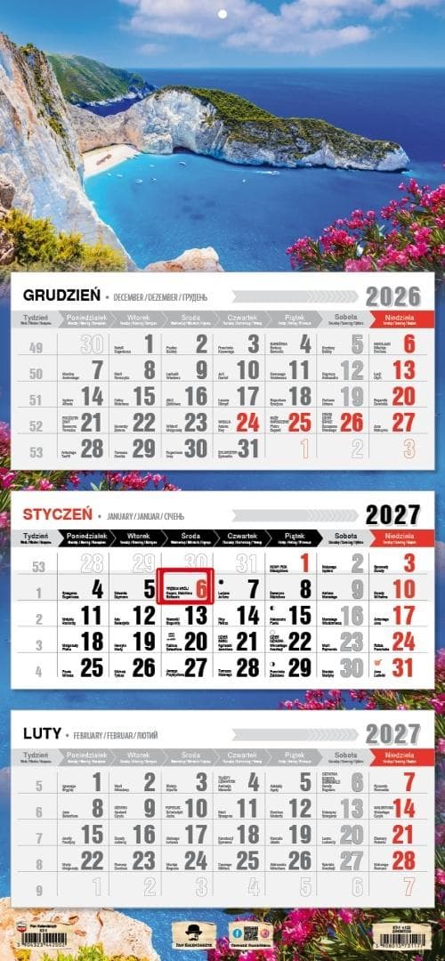 Kalendarz ścienny 2027 trójdzielny z wielojęzycznym kalendarium