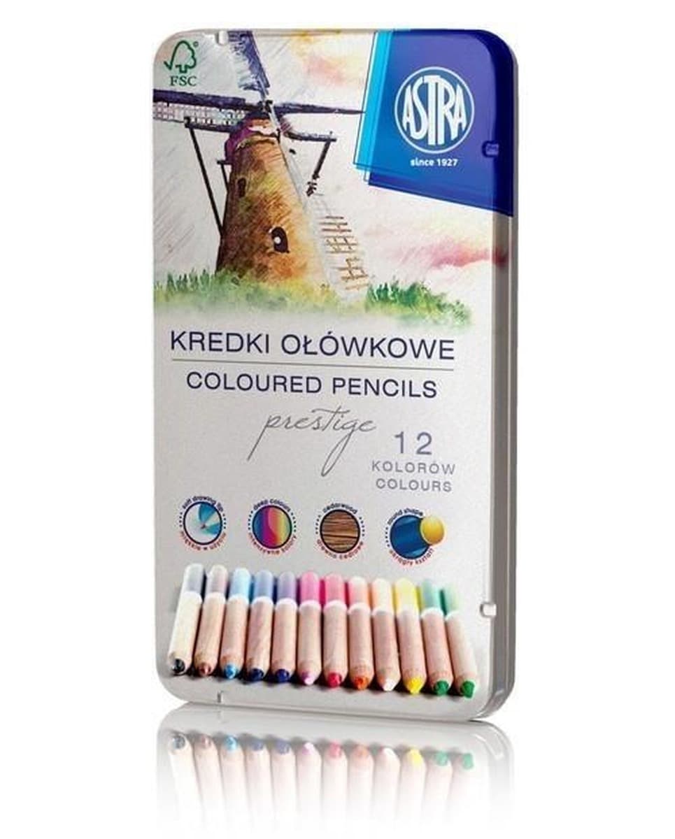 Kredki ołówkowe z drewna cedrowego Astra w metalowym pudełku prestige 12 kolorów