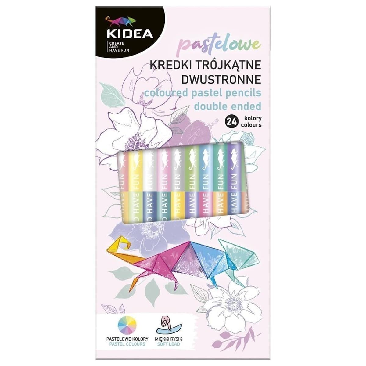 Kredki trójkątne dwustronne 24 kolory pastelowe Kidea