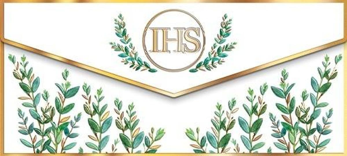 Ozdobna koperta na komunię IHS i liście