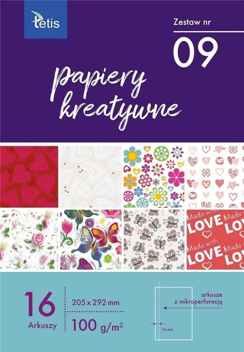 Papiery kreatywne A4, zestaw 9 wzorów, 100 g/m2, 16 arkuszy