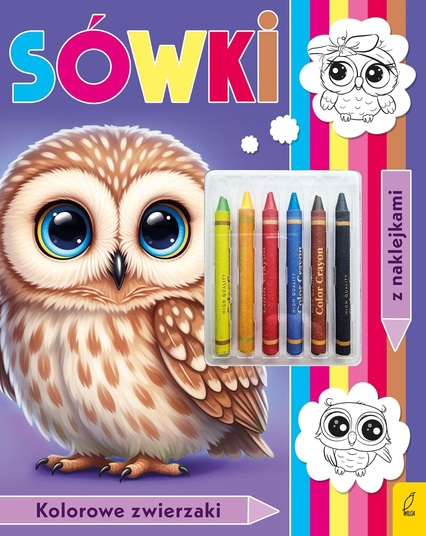 Sówki. Kolorowanka z kredkami