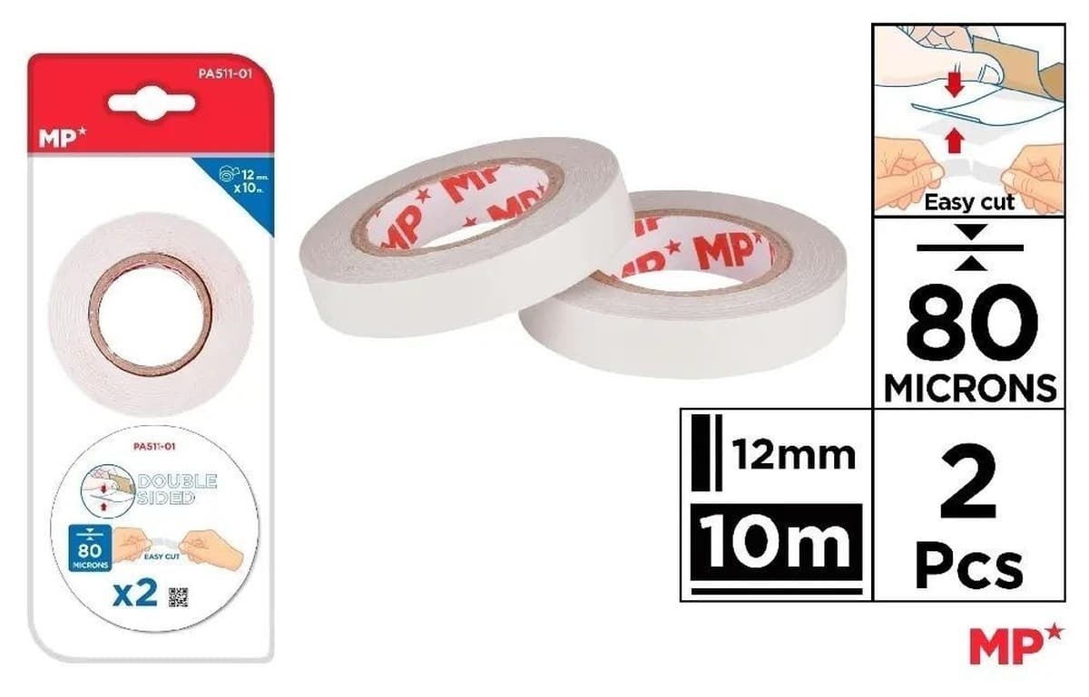 Taśma dwustronna MP, 12 mm x 10 m, 80 mikronów, 2 sztuki