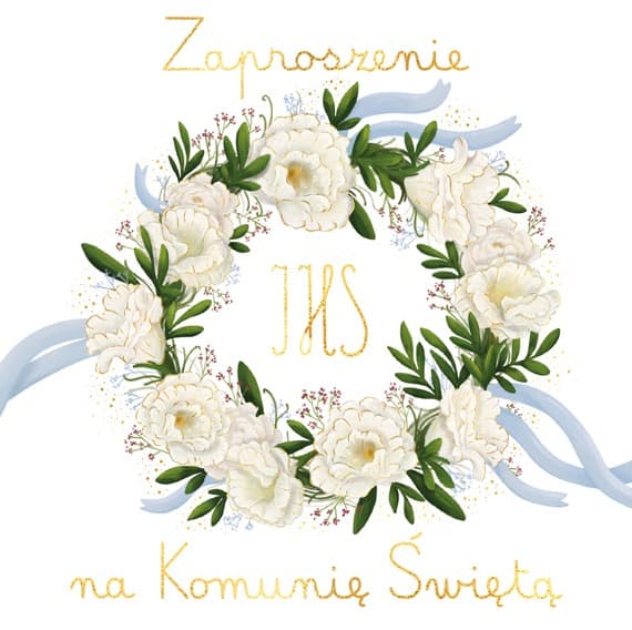 Zaproszenia na Komunię motyw wianuszka 5 sztuk