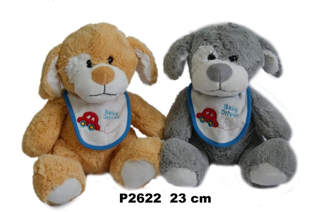 Pluszowy pies maskotka 21 cm siedzący ze śliniakiem