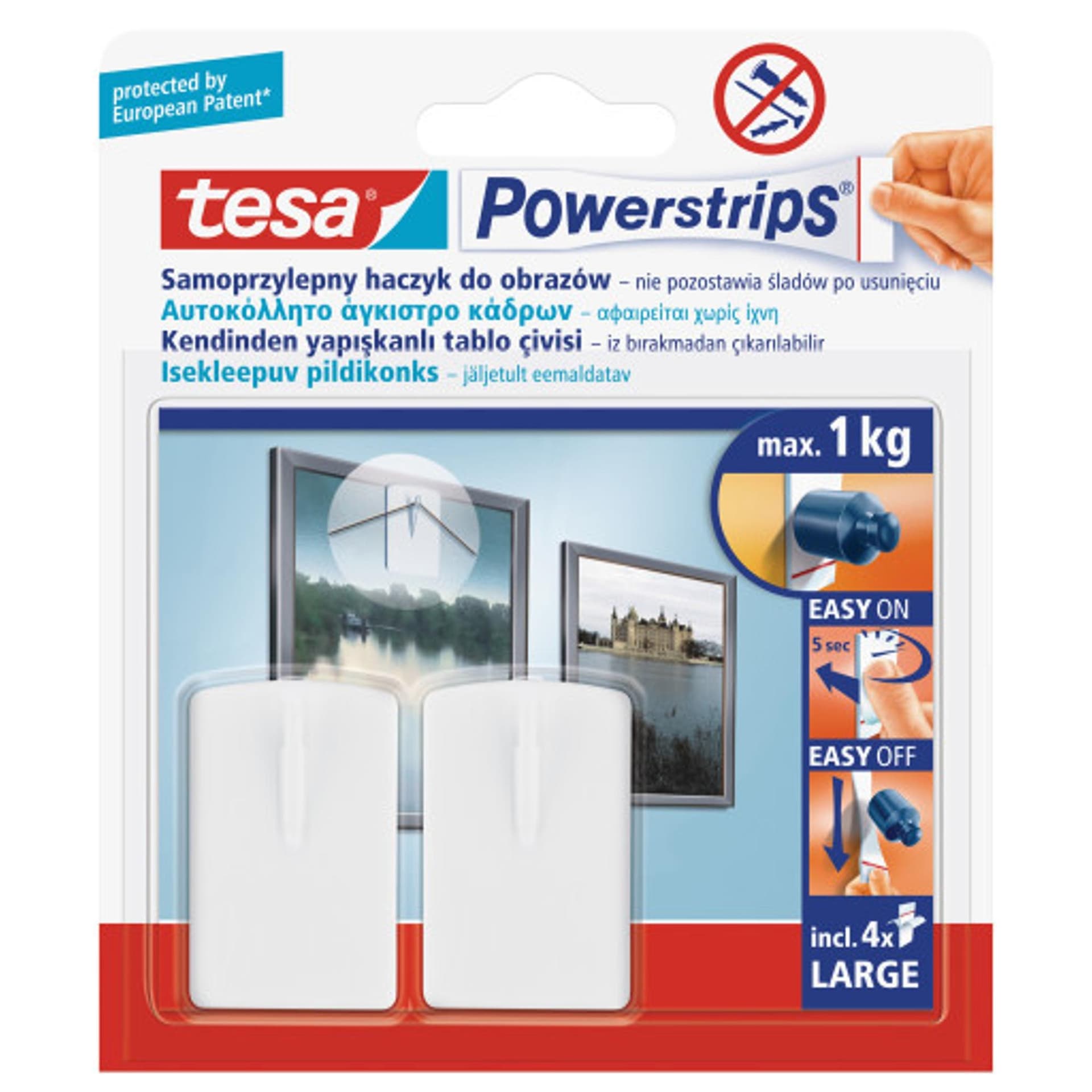 Haczyki samoprzylepne Tesa Powerstrips kwadratowe duże białe blister