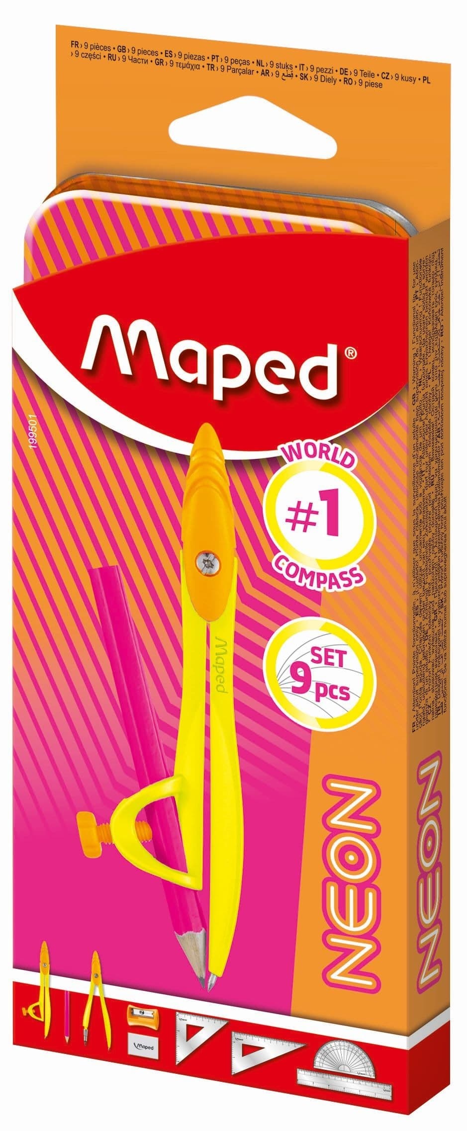 Zestaw geometryczny Maped Study Neon z cyrklem 9 elementów