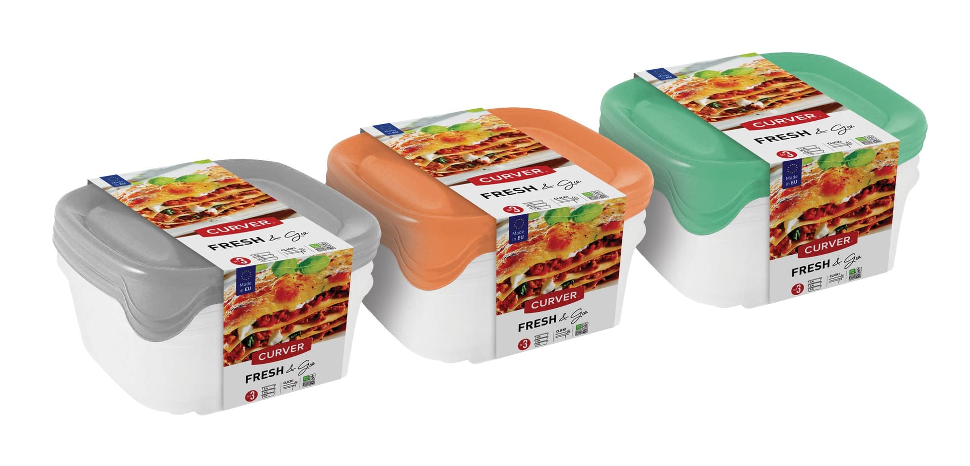 Zestaw pojemników kwadratowych Fresh&go Mix miętowy/ jasnoszary/ brzoskwiniowy 3x0,8L Curver