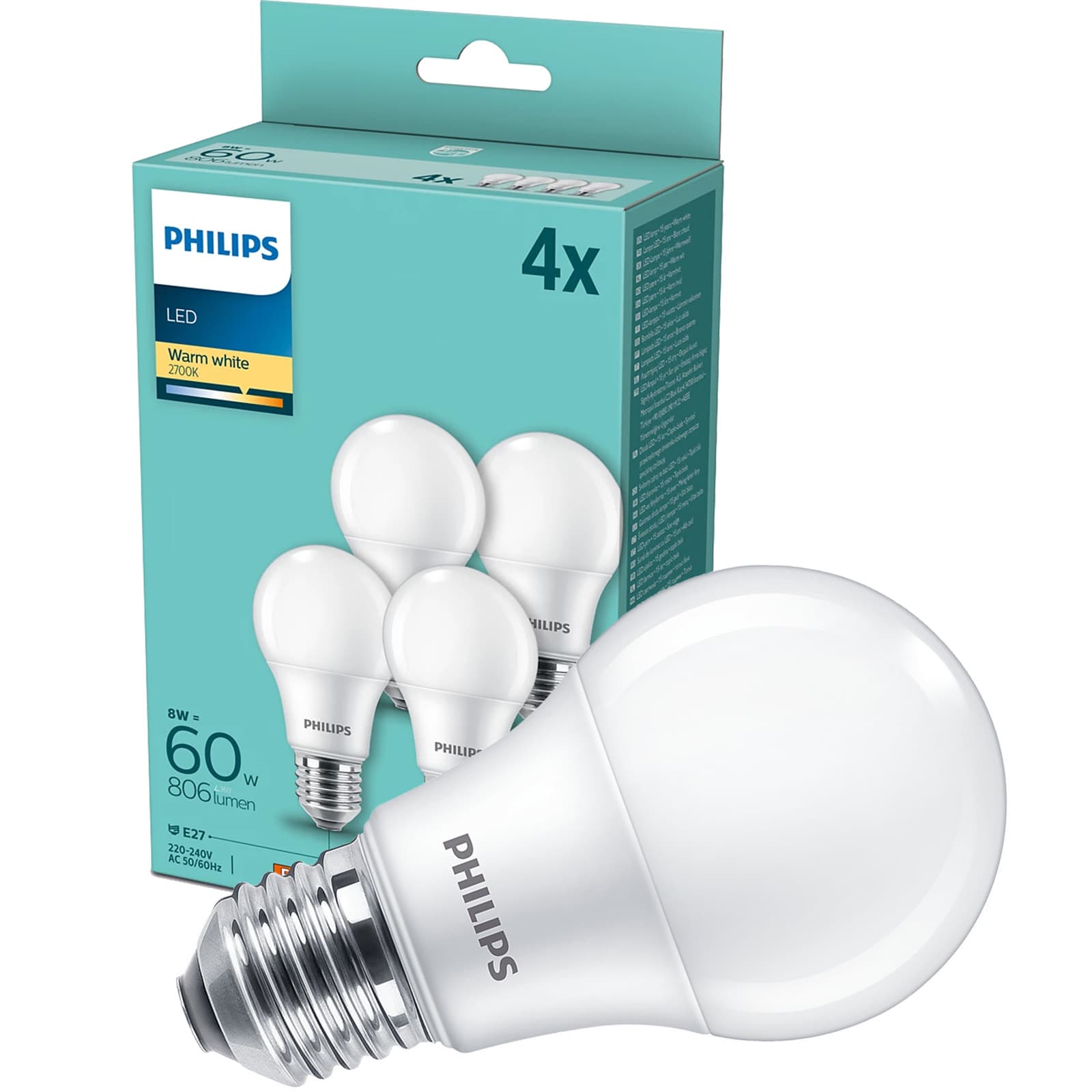 Żarówka LED E27 8W 2700K 4 sztuki Philips