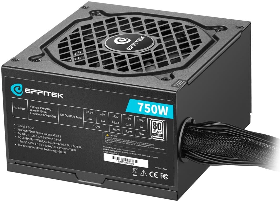 Zasilacz komputerowy EFFITEK 750W ATX 3.1, PCI 5.1, Srebrny