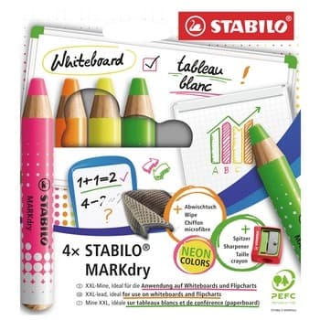 Zestaw kredek do tablic suchościeralnych STABILO MARKdry neon 4 kolory z temperówką i ściereczką