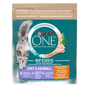 PURINA ONE Coat & Hairball Pełnoporcjowa karma dla dorosłych kotów bogata w kurczaka i ziarna 800 g
