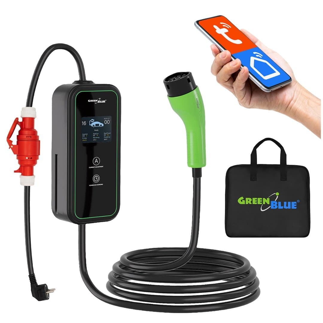 Przenośna ładowarka do samochodów elektrycznych i hybrydowych typu plug-in, typ 2, 11 kW, 16 A, 3 fazy, długość przewodu 6,8 m, IP65, GreenBlue GB1100