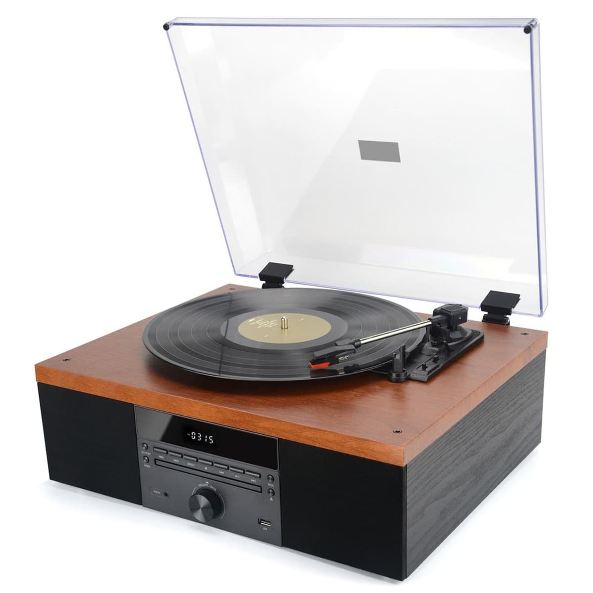 Akai Gramofon ATT-14BT z Bluetooth FM CD USB czarno-drewniany
