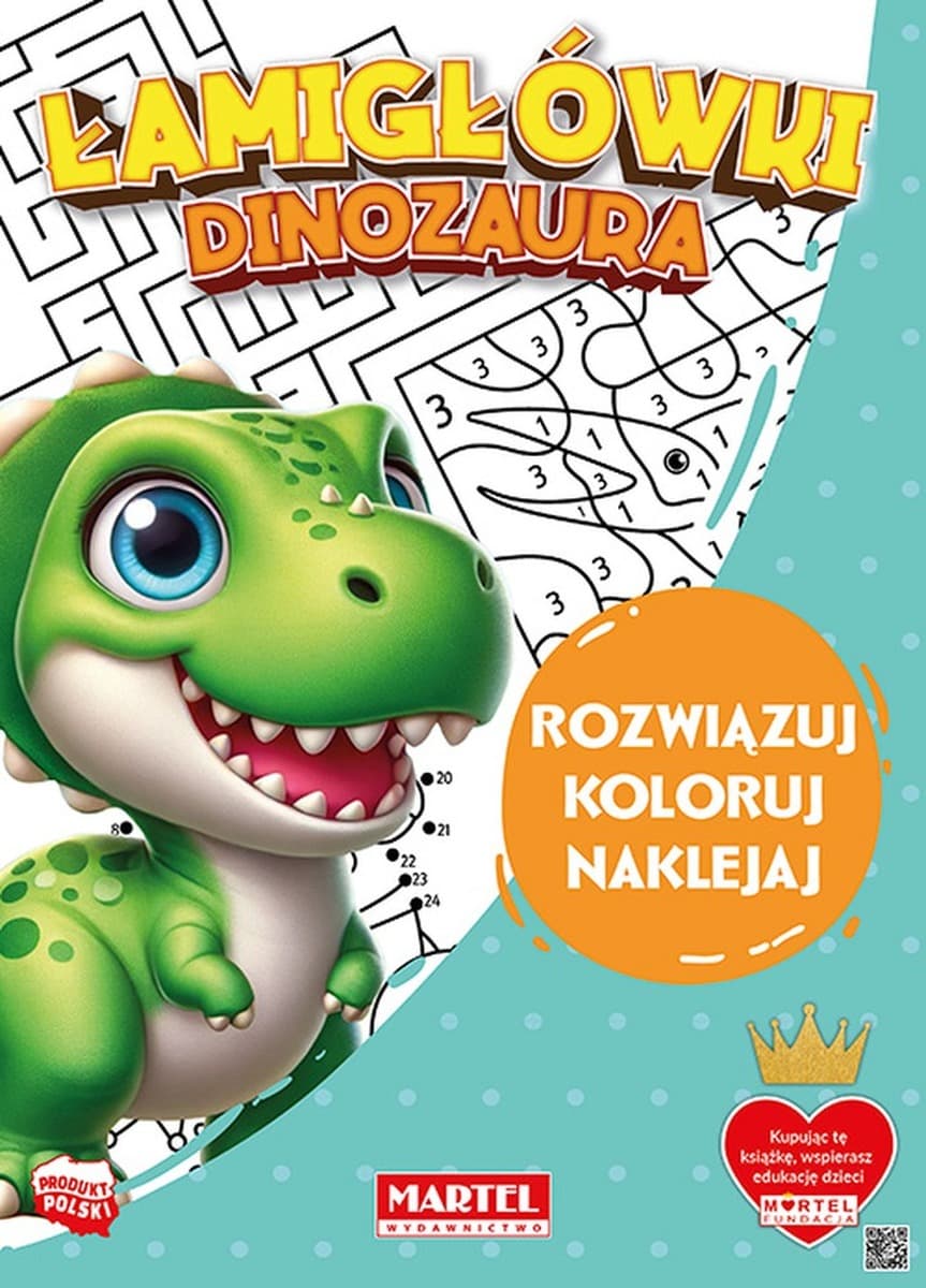 Łamigłówki Dinozaura. Kolorowanka z naklejkami dla dzieci