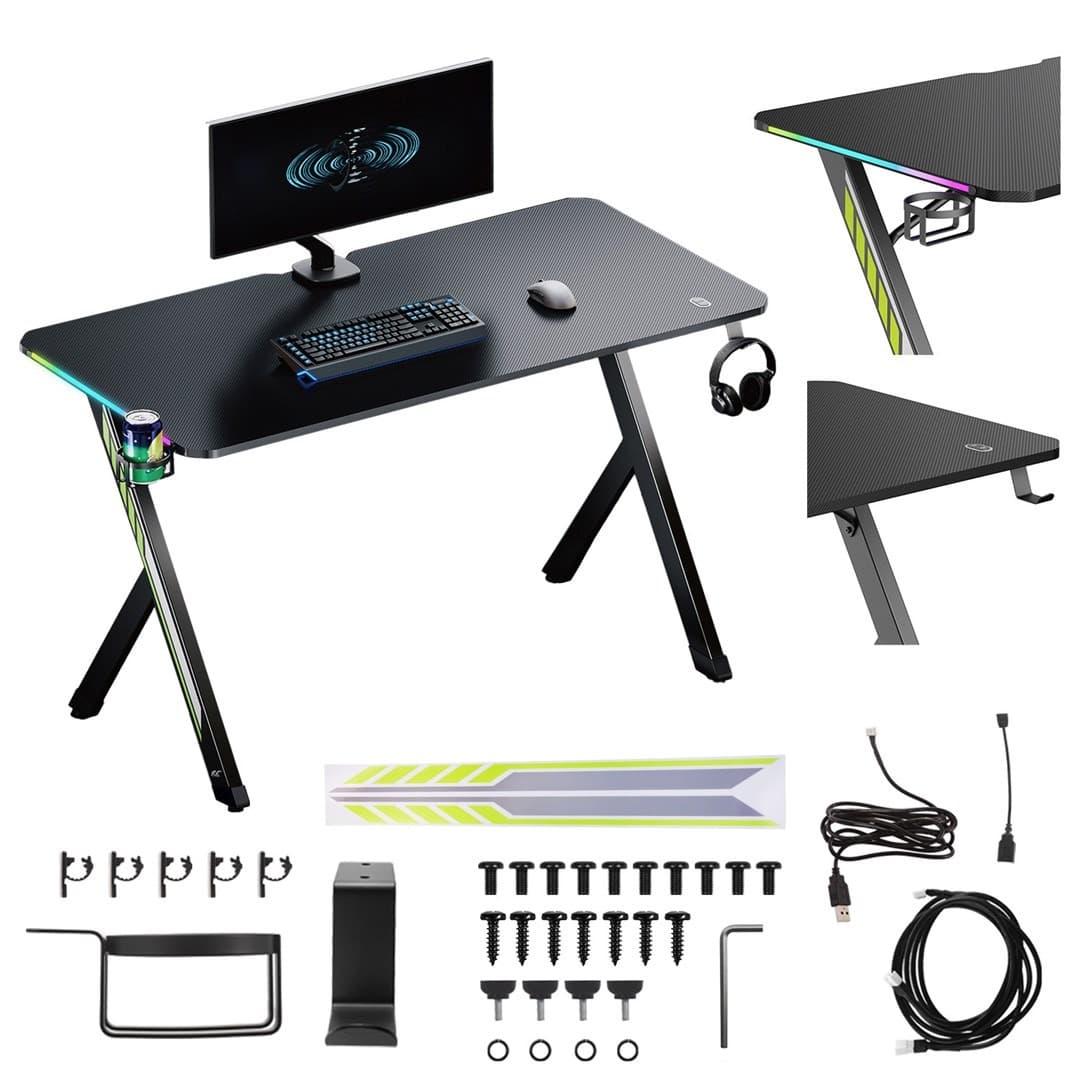 Biurko gamingowe NanoRS czarne z uchwytem na słuchawki i kubek podświetlenie RGB 1200x600x750mm