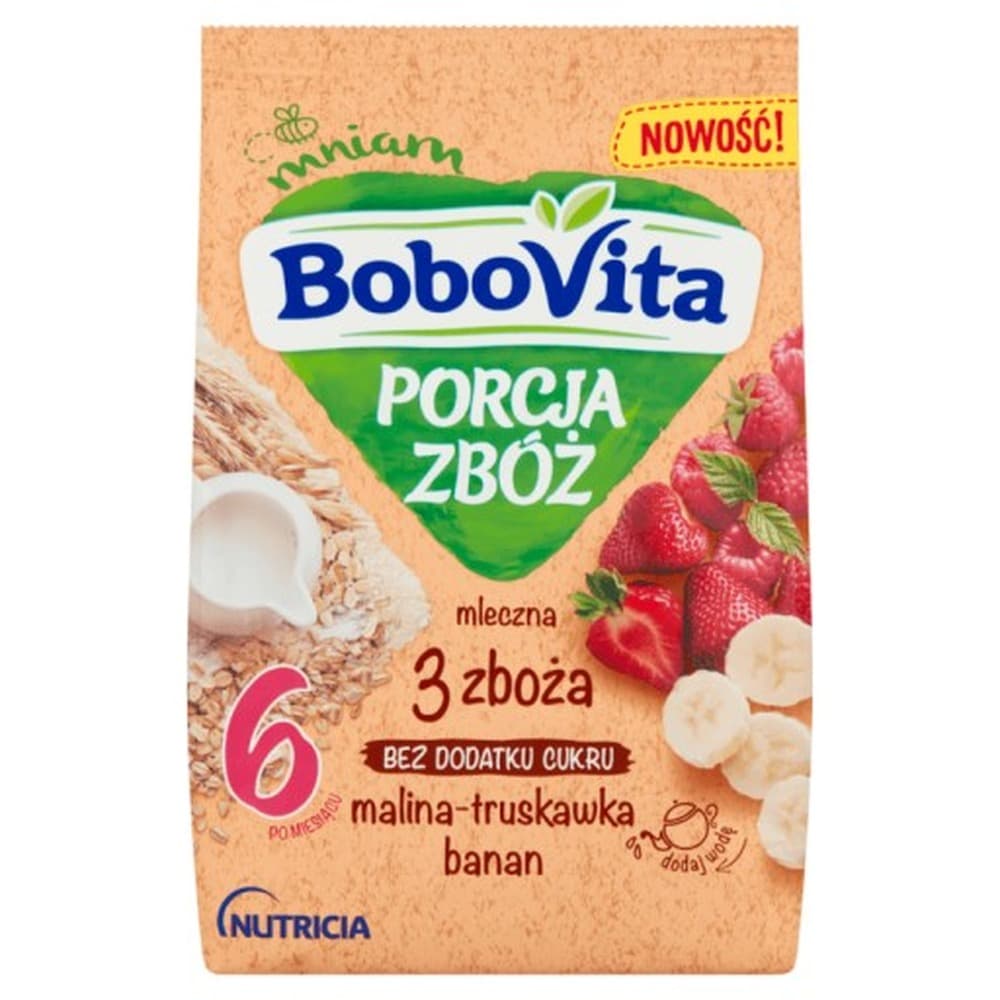 BoboVita Porcja Zbóż Kaszka mleczna 3 zboża malina-truskawka-banan po 6 miesiącu 210 g
