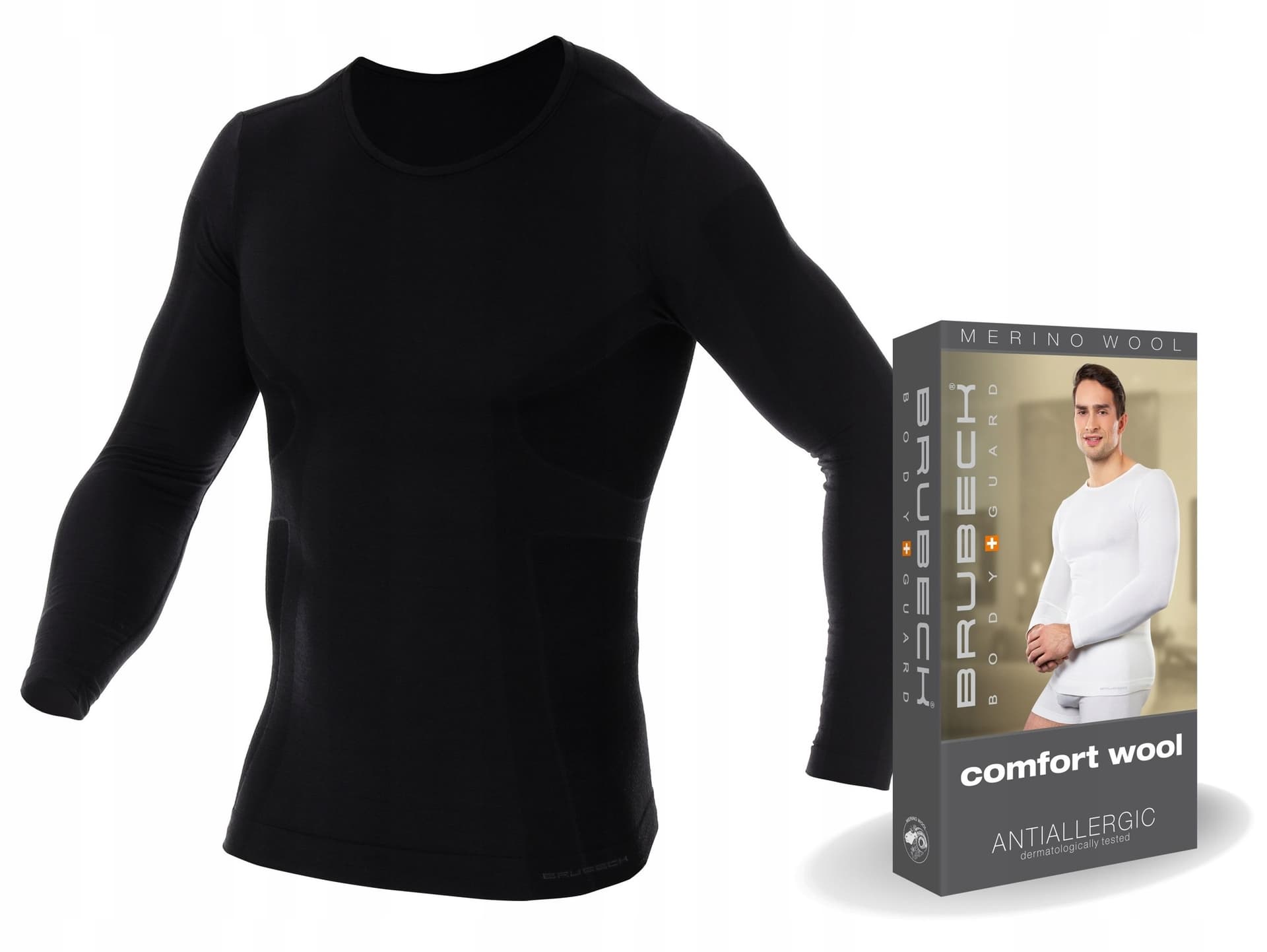 Brubeck COMFORT WOOL Podkoszulek męski z długim rękawem, czarny, rozmiar M